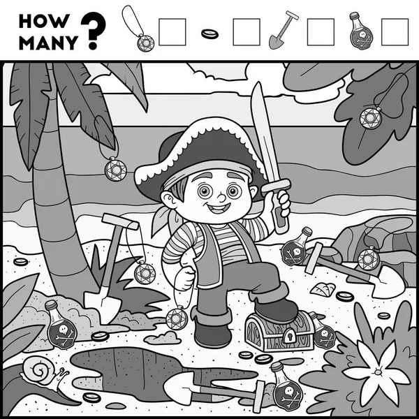 计数为学龄前儿童的游戏。海盗男孩和背景 — 图库矢量图片