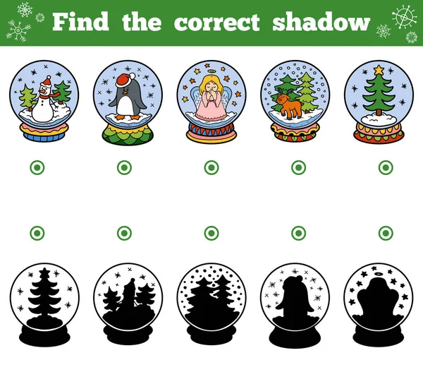 Najděte správný stín. Sněhové koule s vánoční předměty — Stockový vektor