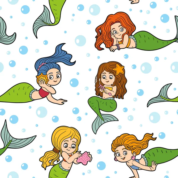 Seamless pattern with little mermaids on white background — Stock Vector