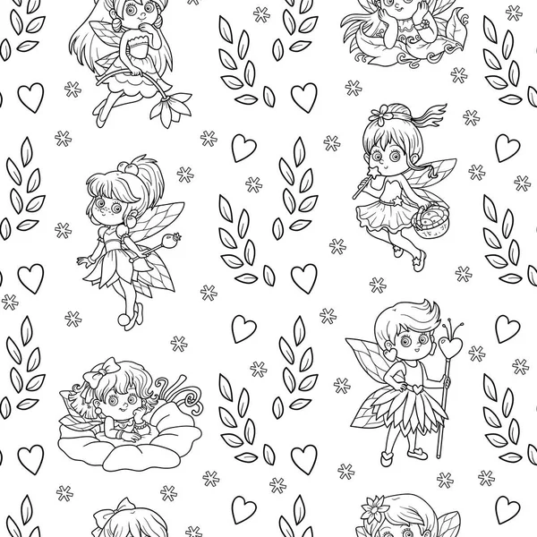 Vector seamless pattern with fairies on white background — Stock Vector