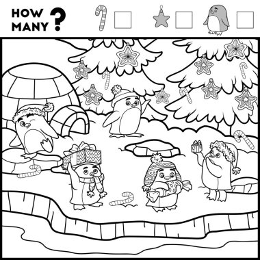 Oyun çocuklar için sayma. Eğitici bir oyun. Penguenler ve arka plan