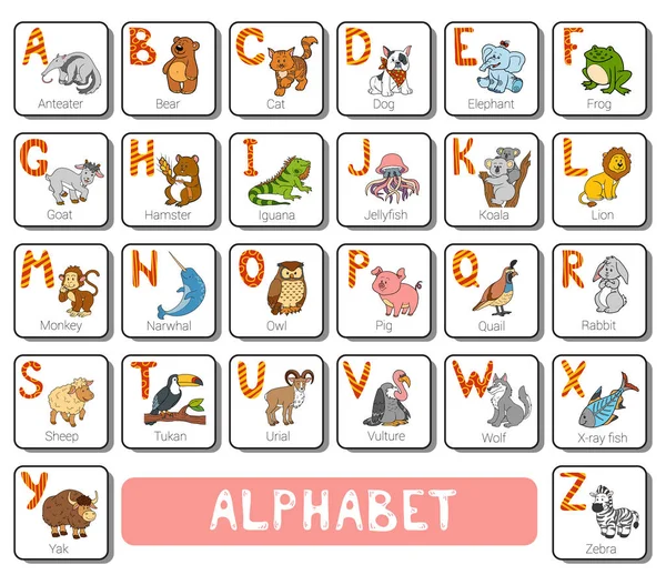Alfabeto del zoológico de color vectorial. Tarjeta cuadrada con animales — Vector de stock