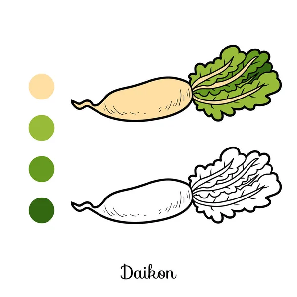 Livro para colorir, legumes, Daikon — Vetor de Stock