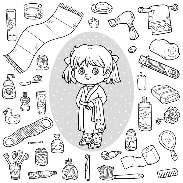 Vector colorless set of bathroom objects, girl and bathrobe — Stock Vector