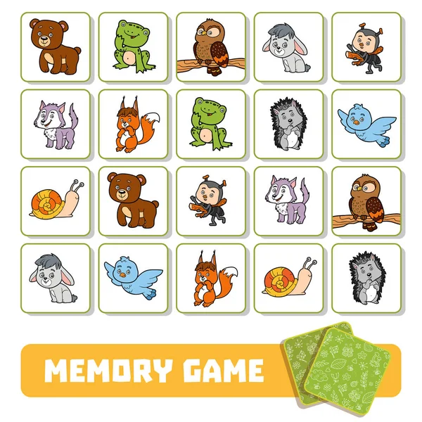 Память игры для детей, карты с лесными животными — стоковый вектор