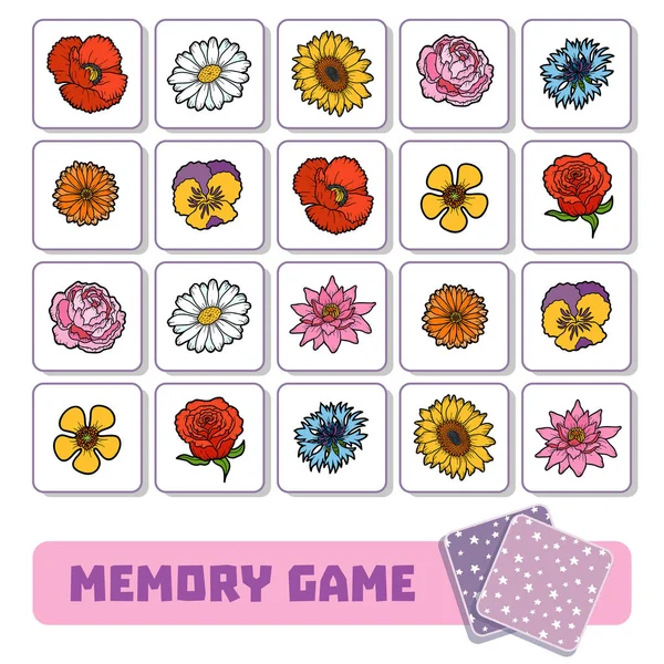 Pamięci gry dla dzieci, karty z kwiatami — Wektor stockowy