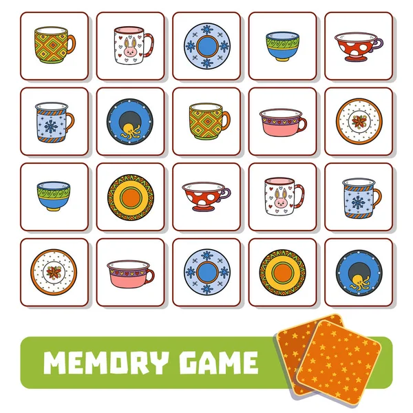 Juego de memoria para niños, tarjetas con platos y tazas — Archivo Imágenes Vectoriales