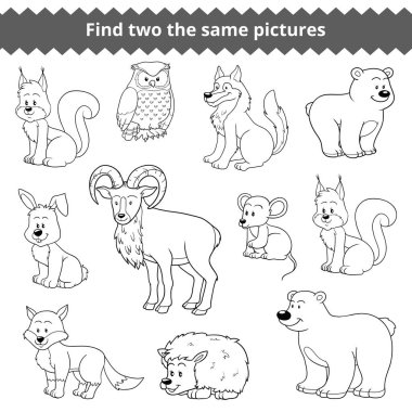 İki aynı resimleri bul, orman hayvanları kümesi vektör