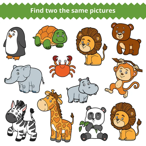 Find two the same pictures, vector set of zoo animals — Stock Vector