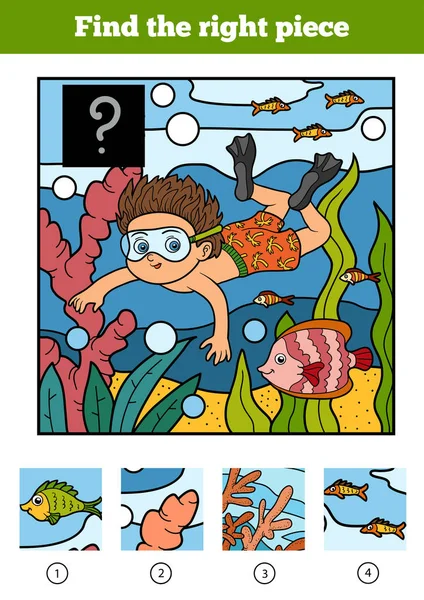 Encontrar la pieza correcta, juego para los niños. Un niño nada en el mar — Vector de stock