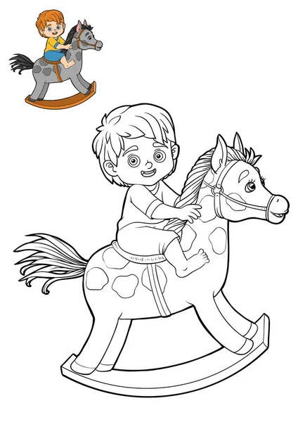 Coloring book for children, little boy on a rocking horse — Stock Photo, Image