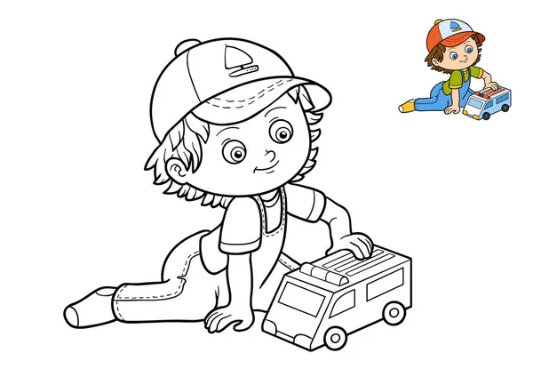 Coloring book, boy and ambulance car — Stock Photo, Image