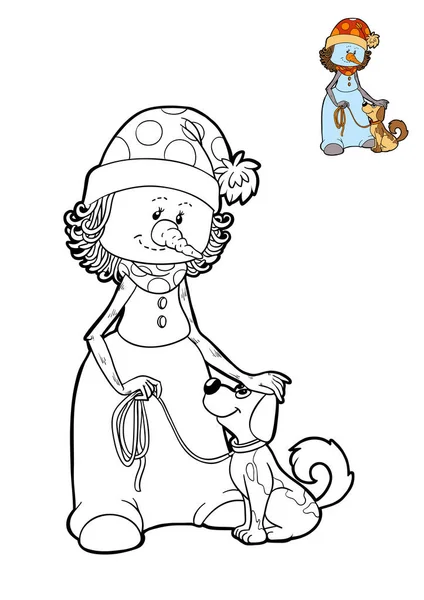 Coloring book, Snowman with dog — Stock Photo, Image