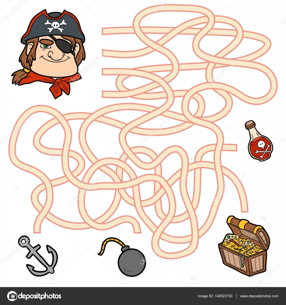 Labirinto gioco formazione di gioco per i bambini Aiutare il pirata per ottenere la cassa del tesoro — Vettoriali di ksenya savva