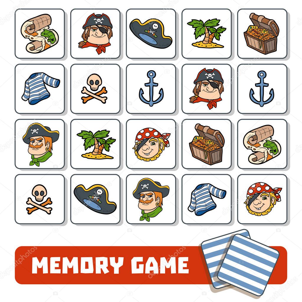 Memory game for children, cards with pirate characters and items
