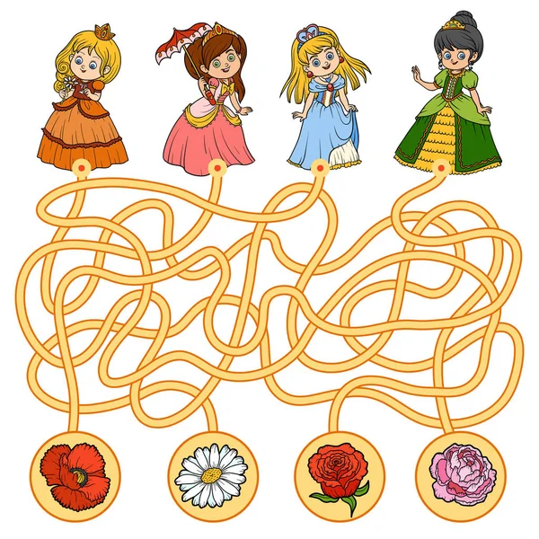 Labyrint spel för barn. Lilla prinsessan och blommor — Stock vektor