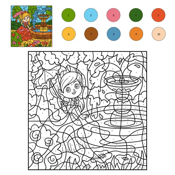 Color por número, juego de educación. Princesa con paraguas — Vector de stock