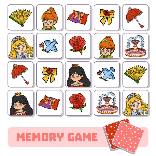 Juego de memoria para niños, tarjetas vectoriales con princesa y objetos — Vector de stock