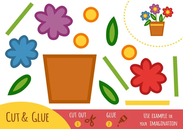 Educación juego de papel para niños, flores en una olla — Vector de stock