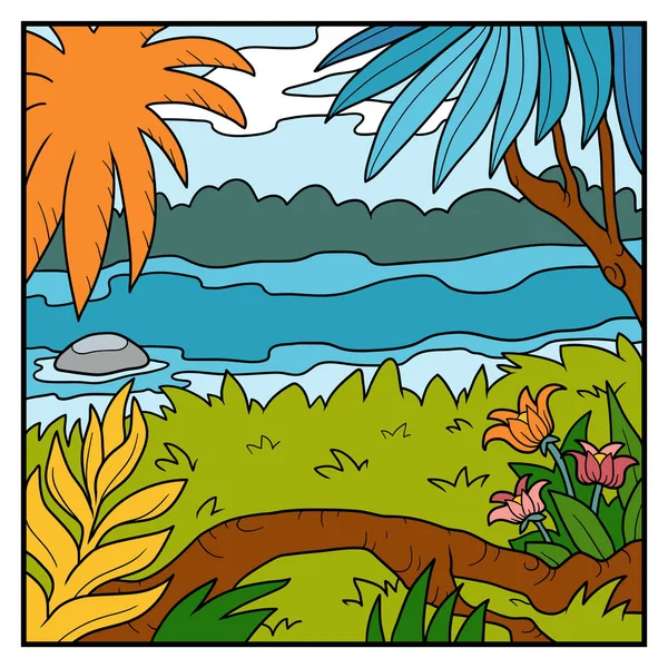 Ilustración vectorial, fondo natural. Río tropical — Vector de stock