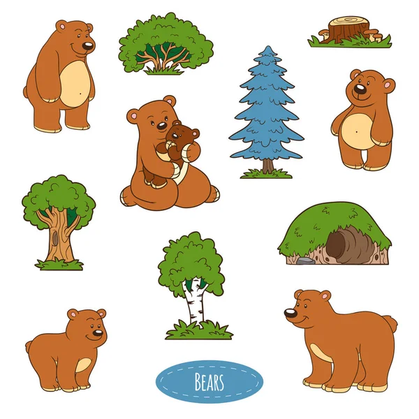 Color set of animals and objects, vector stickers, family of bea — Stock Vector