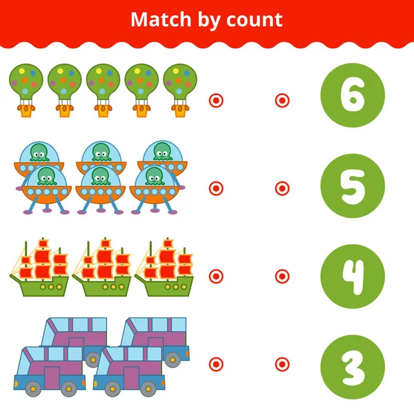 Jeu de compte pour enfants d'âge préscolaire. Éduquer un jeu mathématique. Comptez les éléments dans l'image et choisissez la bonne réponse. objets de transport — Image vectorielle