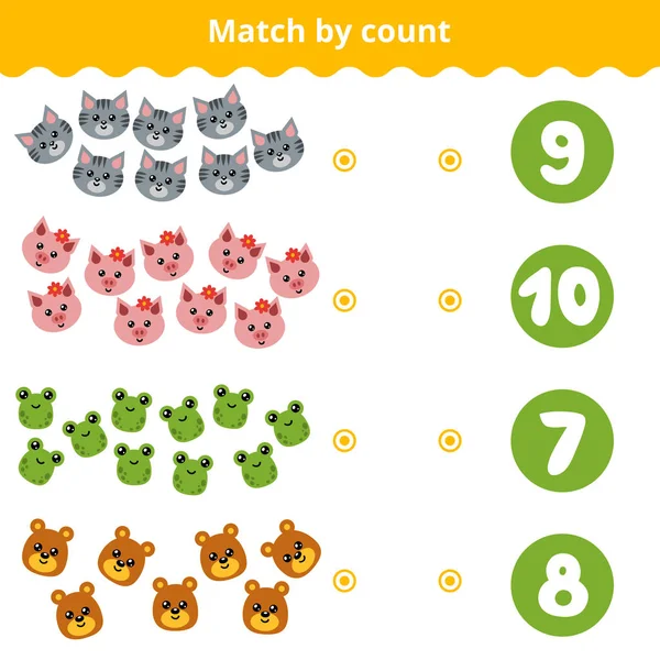 Spel tellen voor kleuters. Onderwijs een wiskundige spel. Tellen van de dieren in de afbeelding en kies het juiste antwoord — Stockvector
