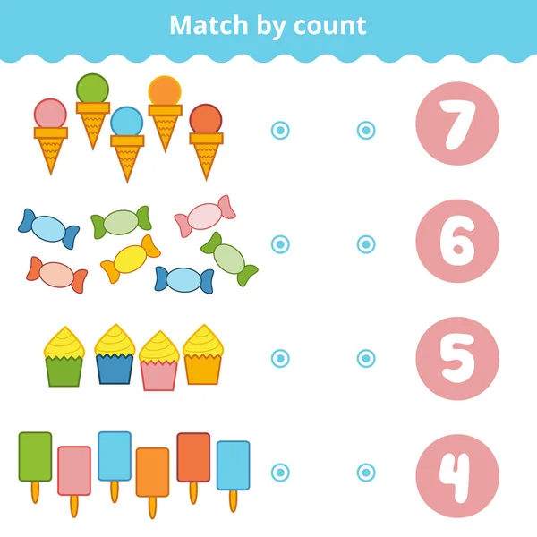 Räkna spel för förskolebarn. Utbildning en matematiska spel. Räkna objekt i bilden och välj rätt svar. Uppsättning av sötsaker — Stock vektor