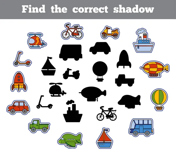 Encontrar la sombra correcta, juego para los niños. Conjunto de transporte de dibujos animados — Vector de stock