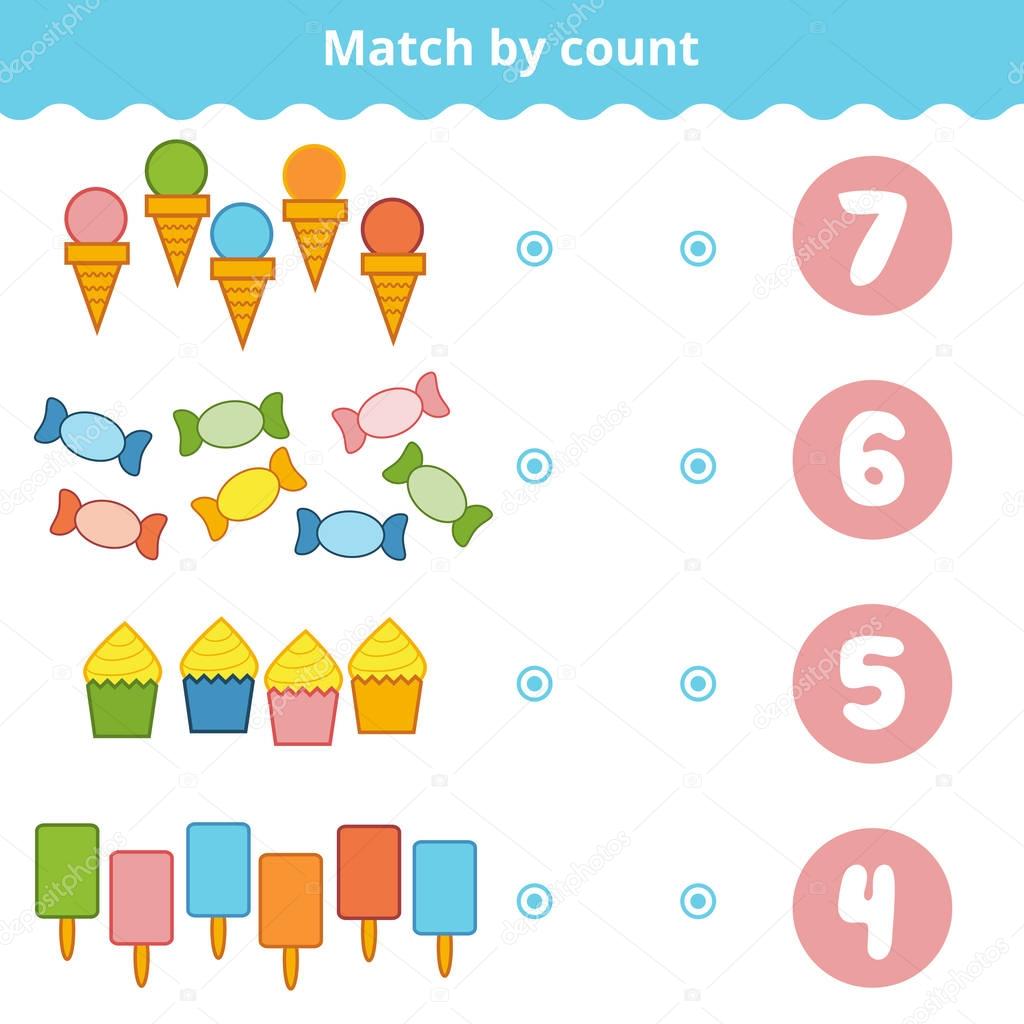 Counting Game for Preschool Children. Educational a mathematical game. Count the items in the picture and choose the right answer. Set of sweets