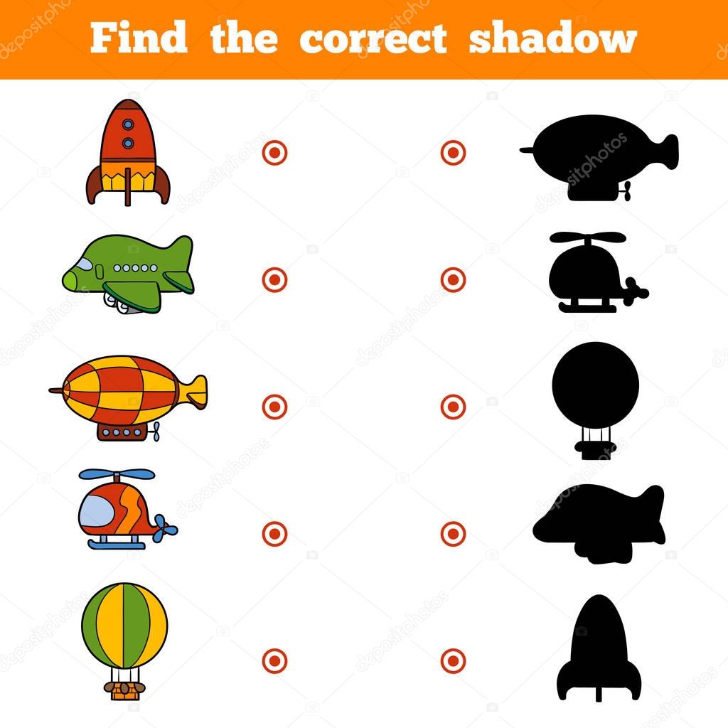 Find the correct shadow, game for children. Set of cartoon transport