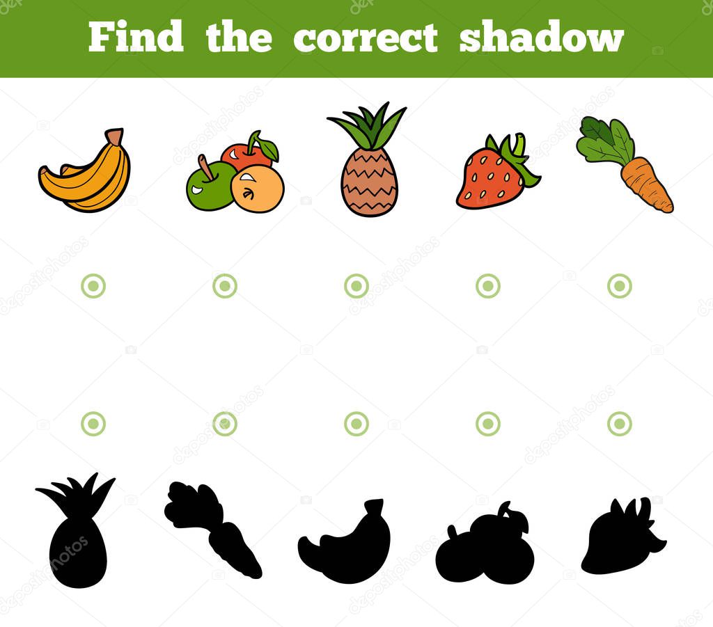 Find the correct shadow, game for children. Set of cartoon fruits and vegetables