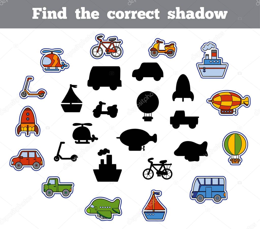 Find the correct shadow, game for children. Set of cartoon transport