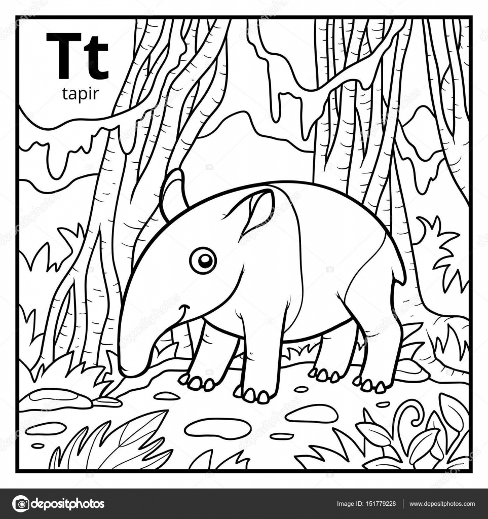 Livre de coloriage pour les enfants alphabet incolore Lettre T tapir — Vecteur par ksenya savva