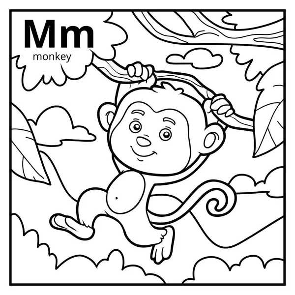 Kifestőkönyv, színtelen ábécé. M betűt, majom — Stock Vector