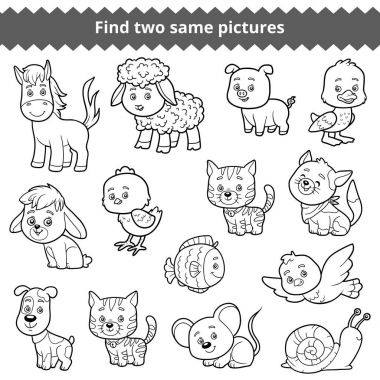 İki özdeş resimleri, çocuklar için oyun eğitim çiftlik hayvanları ayarla bulmak