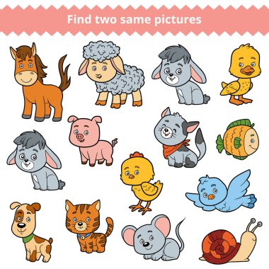 İki özdeş resimleri, çocuklar için oyun eğitim çiftlik hayvanları ayarla bulmak