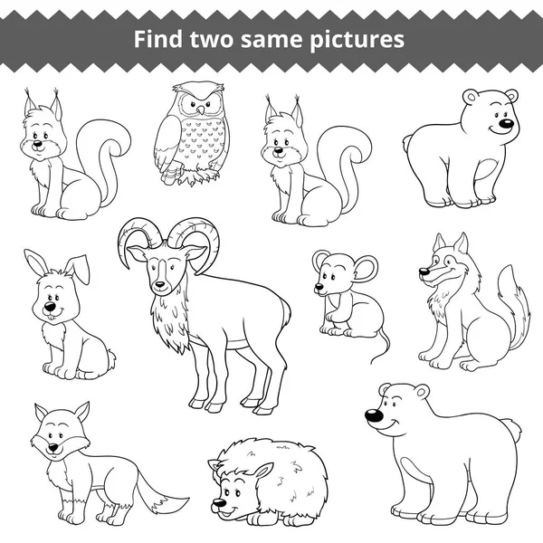 Найти две одинаковые картинки, образовательная игра для детей, набор лесных животных — стоковый вектор