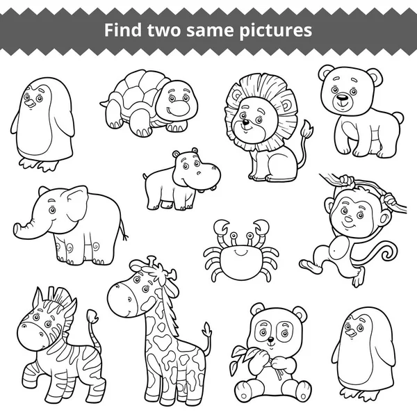 Найти две одинаковые картинки, образование игры для детей, набор животных зоопарка — стоковый вектор