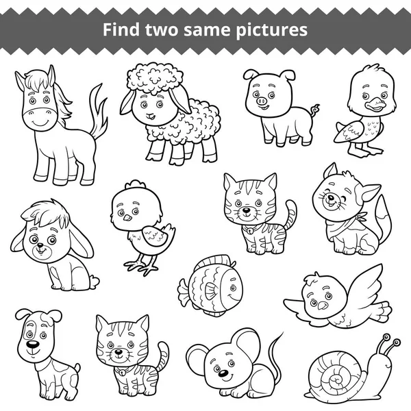 Trouver deux images identiques, jeu éducatif pour les enfants, ensemble d'animaux de ferme — Image vectorielle