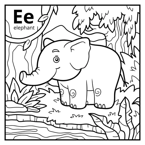 Coloring book, colorless alphabet. Letter E, elephant — Stock Vector