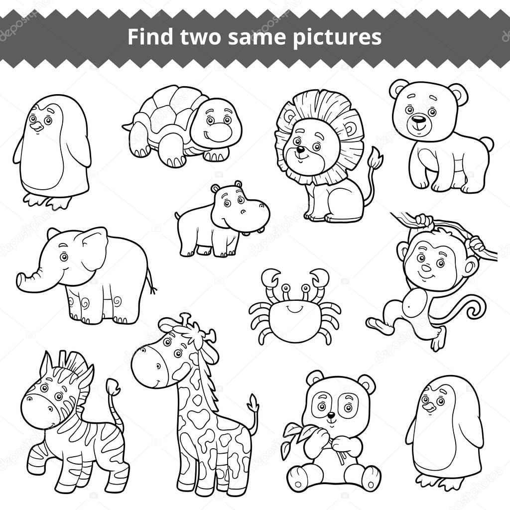 Find two identical pictures, education game for children, set of zoo animals