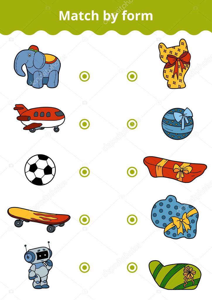 Matching game, education game for children. Connect boy's toys and gifts by shape
