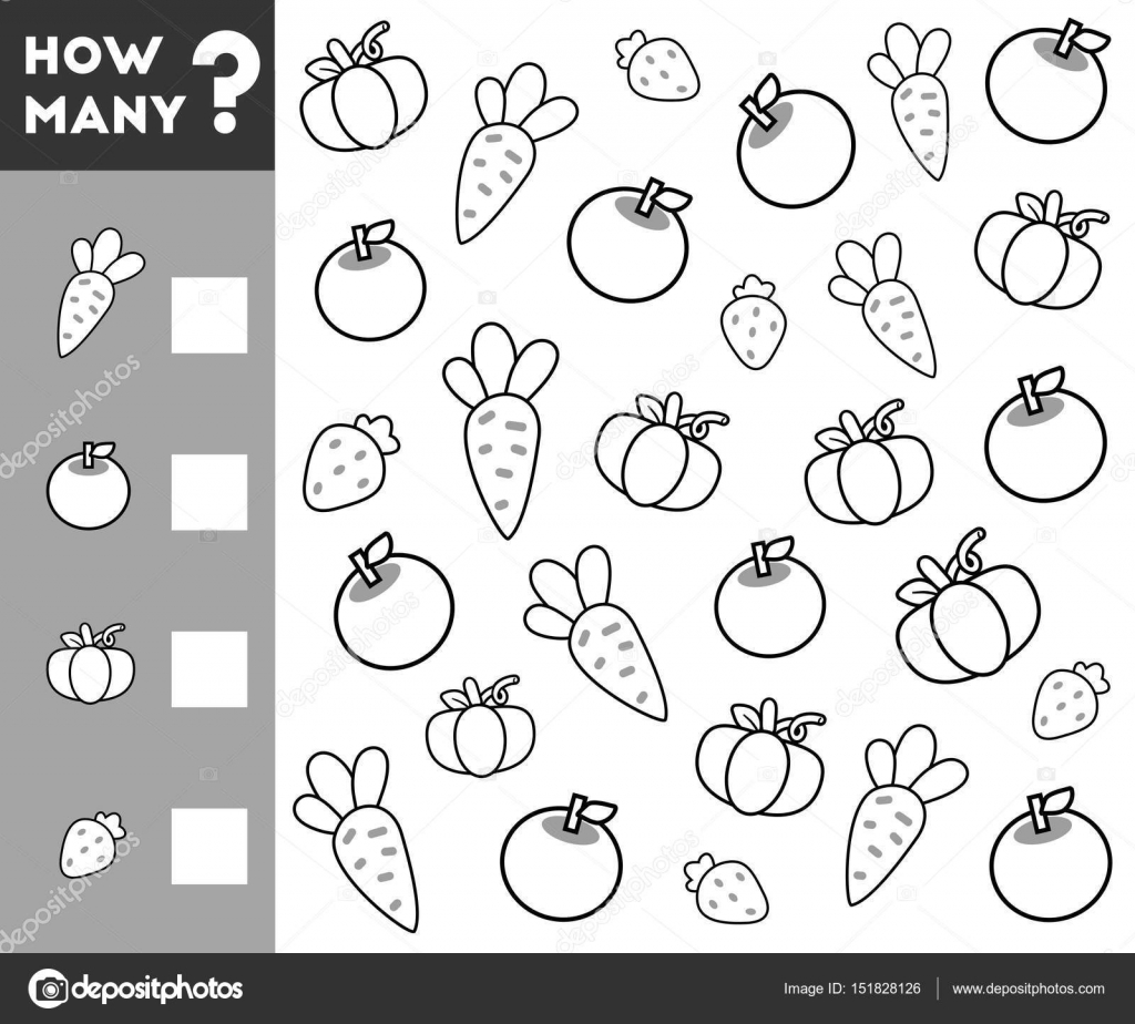 Counting Game for Children. Count how many fruits, vegetables and write