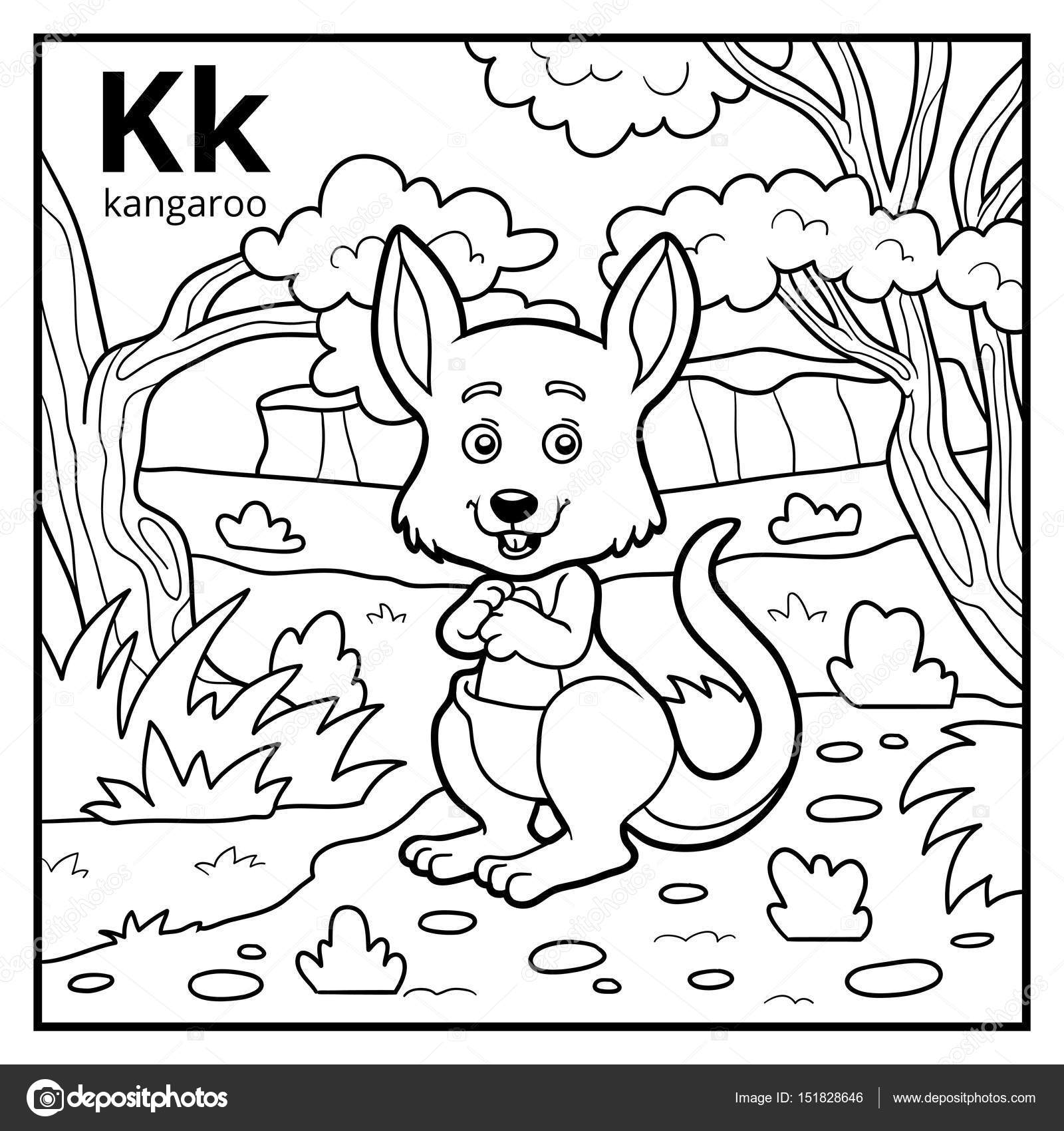 Libro da colorare per bambini alfabeto incolore Lettera K canguro — Vettoriali di ksenya savva