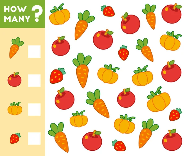 Игра в подсчет для детей. Подсчитайте, сколько фруктов, овощей и написать результат ! — стоковый вектор