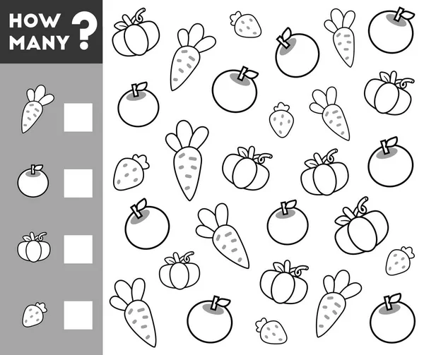 Jeu de comptage pour enfants. Compter combien de fruits, légumes et écrire le résultat ! — Image vectorielle