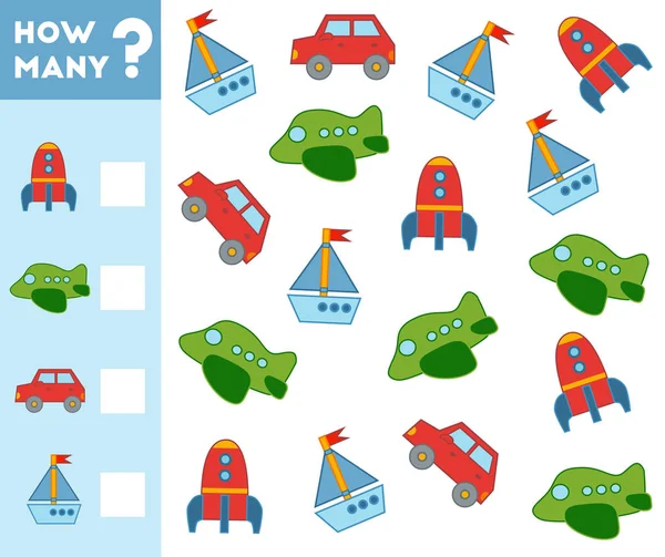 Zählspiel für Kinder. Zählen Sie wie viele Transportgegenstände und schreiben Sie das Ergebnis! — Stockvektor