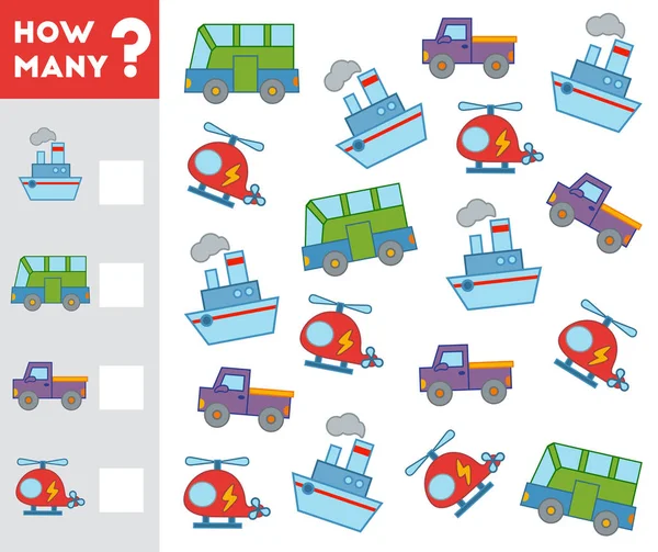 Räkna spel för barn. Räkna hur många transport objekt och skriva resultatet! — Stock vektor