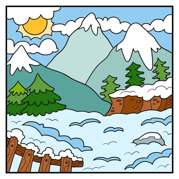 ภาพวาดธรรมชาติ พื้นหลังสี ภูเขาฤดูหนาว — ภาพเวกเตอร์สต็อก